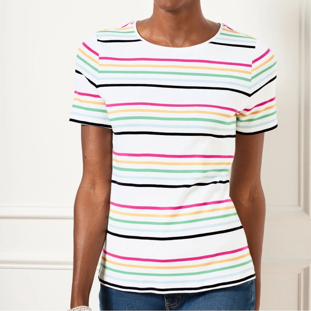 TALBOTS PETITE MULTICOLOR STRIPE TEE WHITE PINK MINT YELLOW NAVY NWT
